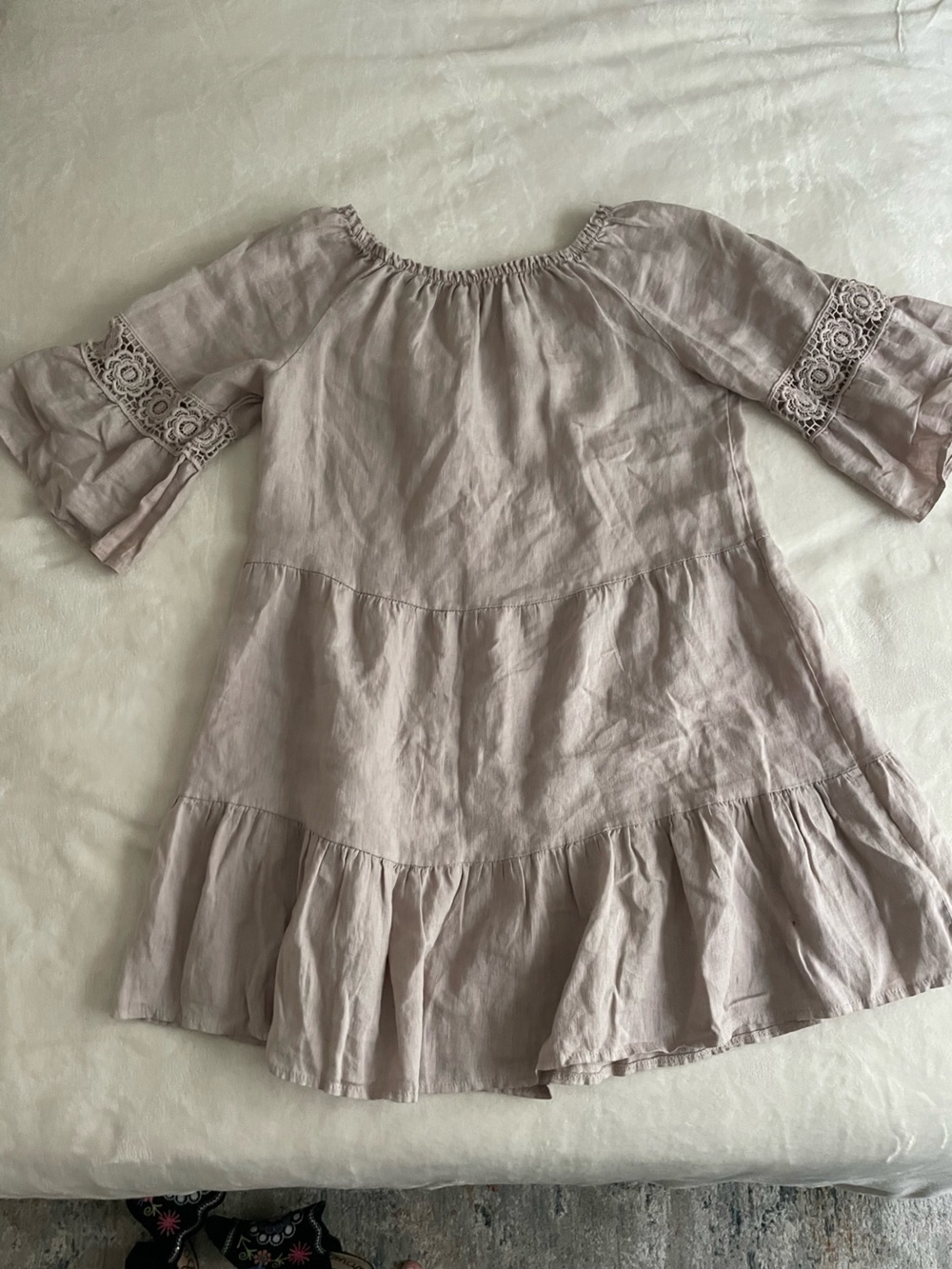 Beige off shoulder linen dress